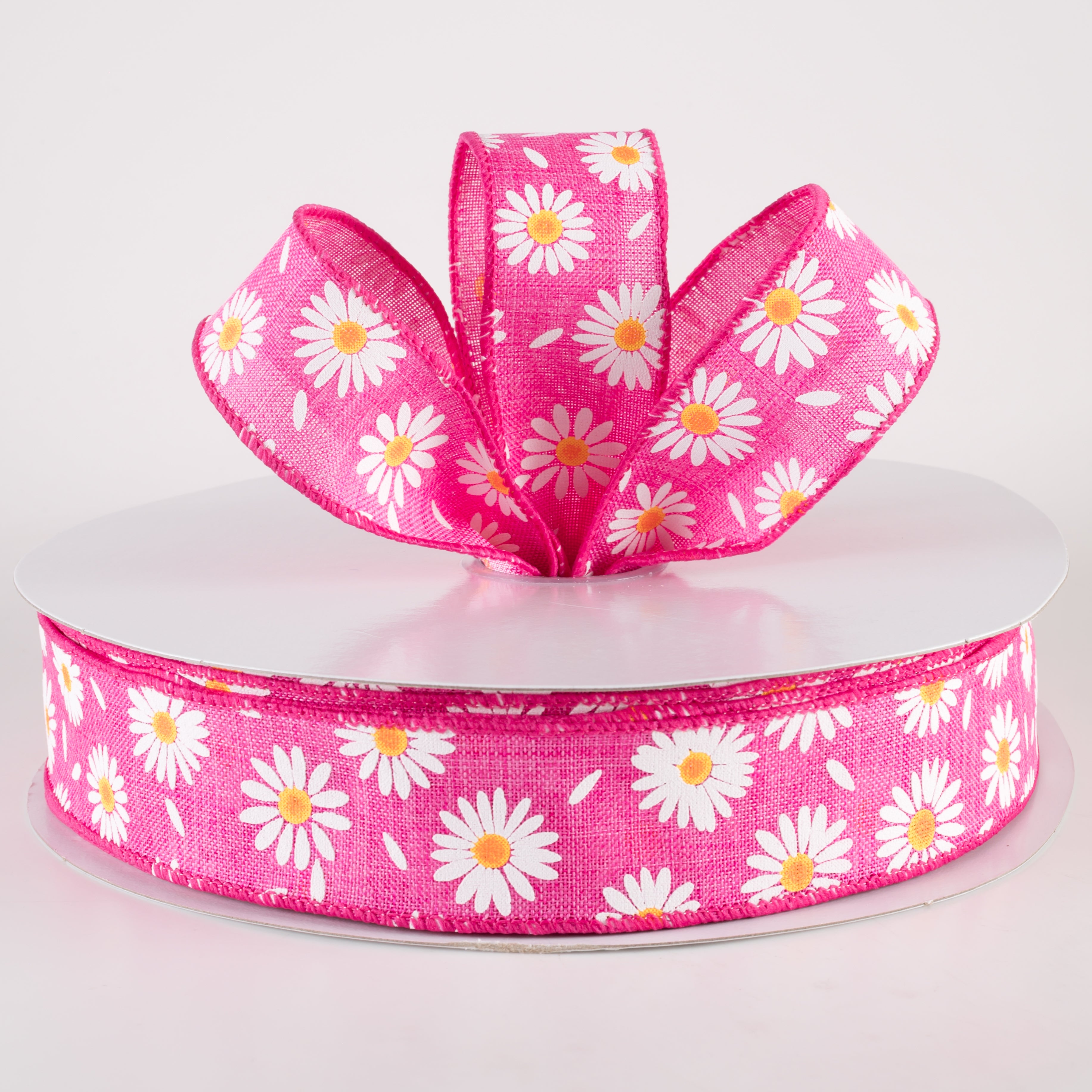 1.5" Linen Daisies & Petals Ribbon: Fuchsia Pink (50 Yards)