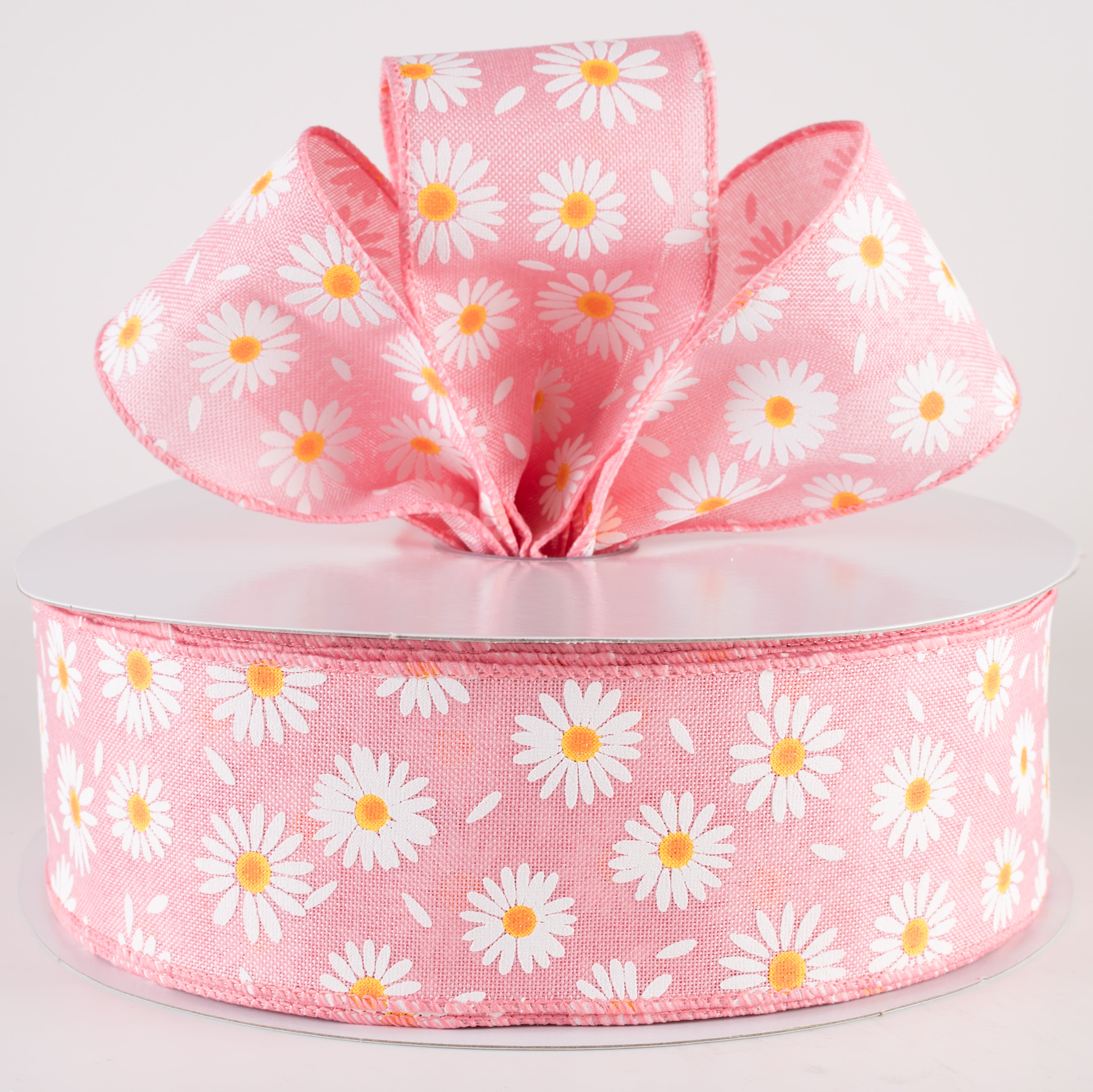 2.5" Linen Daisies & Petals Ribbon: Pink (50 Yards)