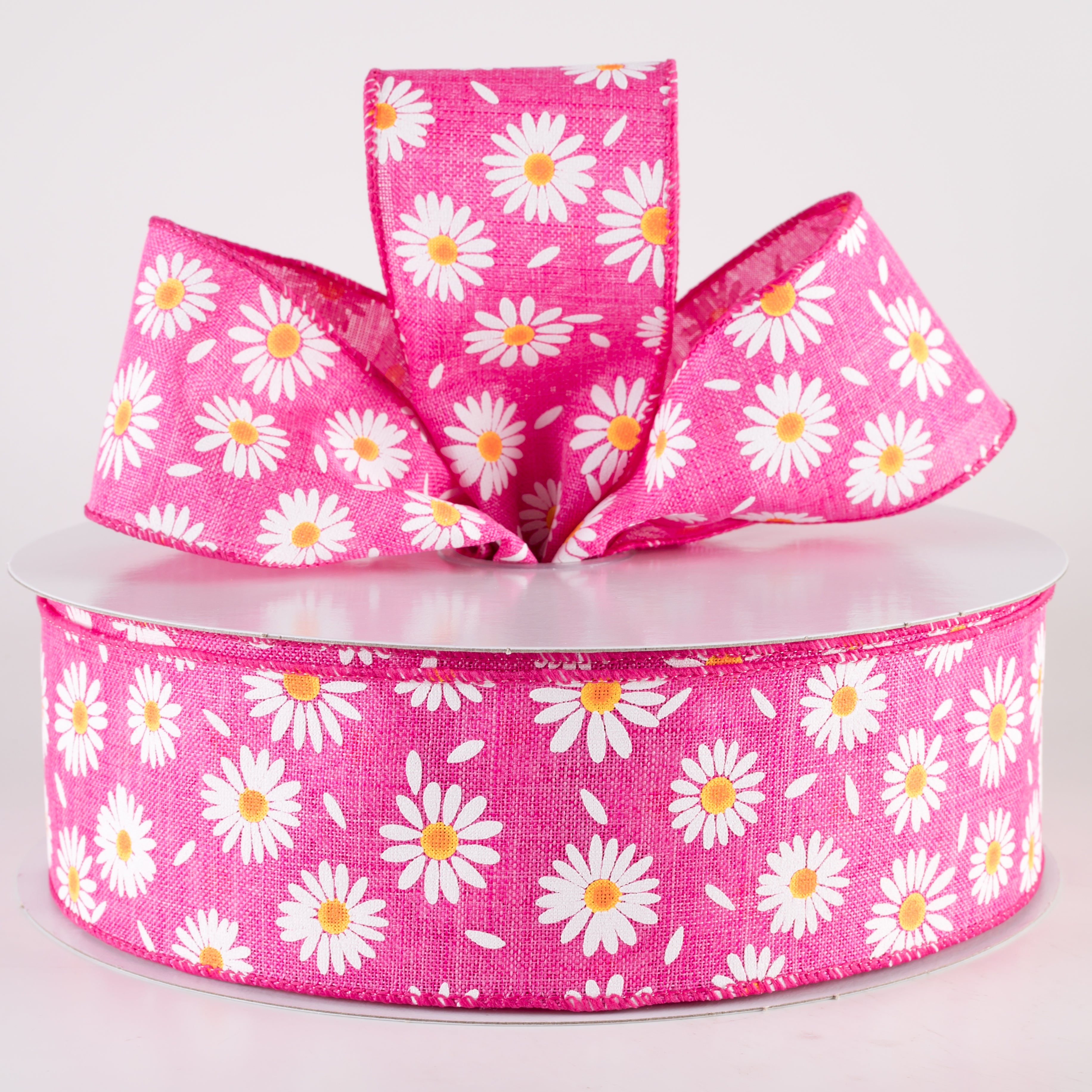 2.5" Linen Daisies & Petals Ribbon: Fuchsia Pink (50 Yards)