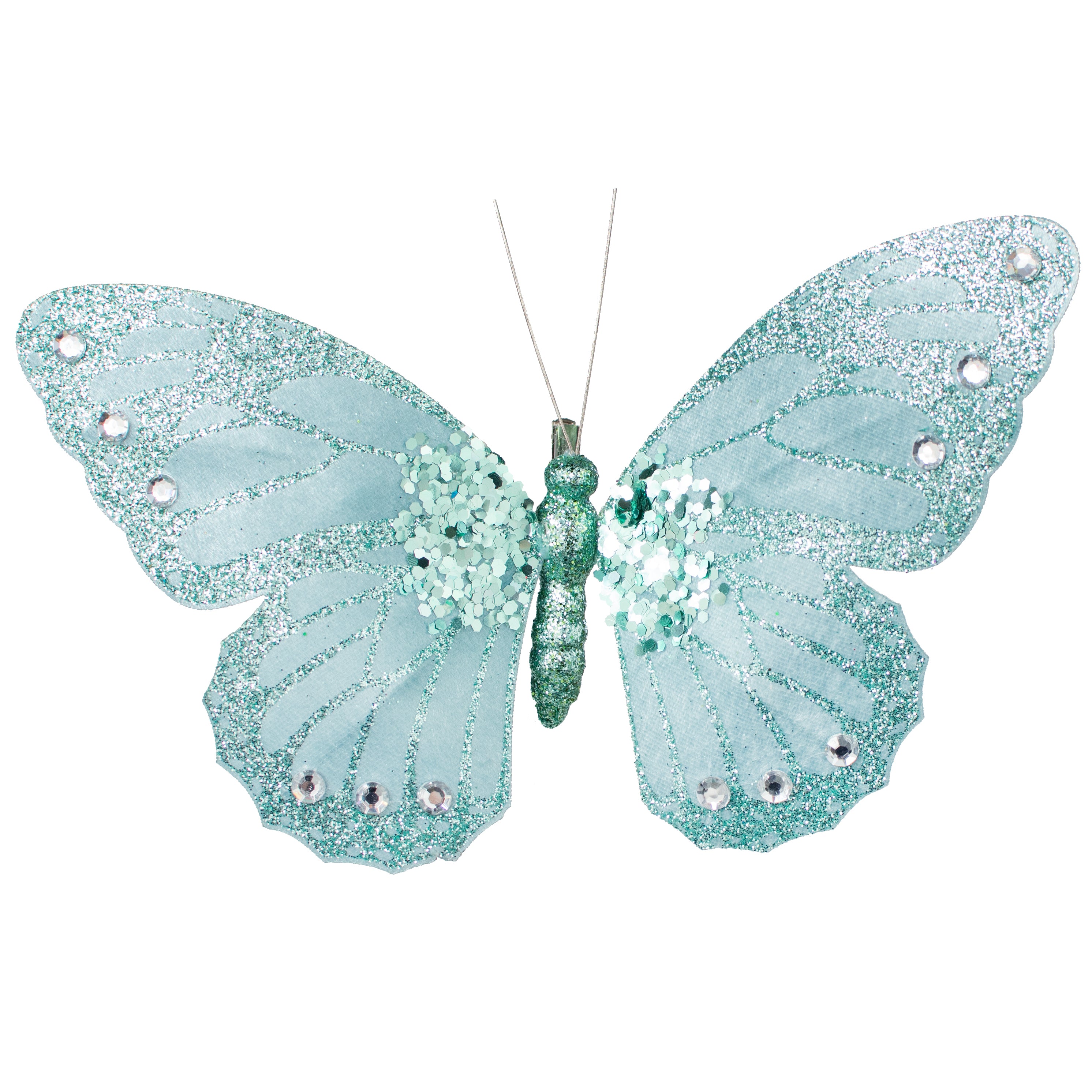 9" Velvet, Glitter, Gem Butterfly Ornament: Turquoise