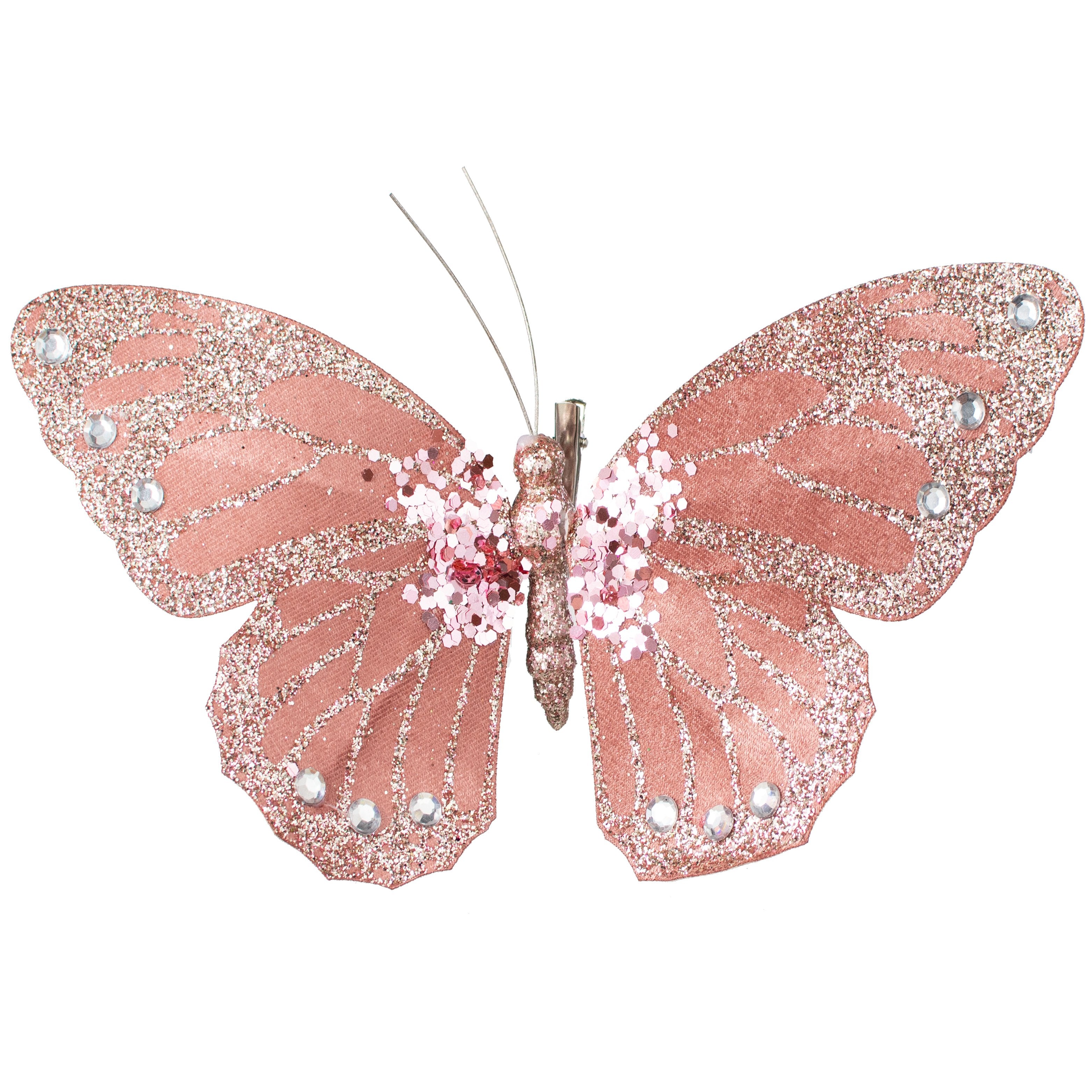 9" Velvet, Glitter, Gem Butterfly Ornament: Dusty Rose Pink
