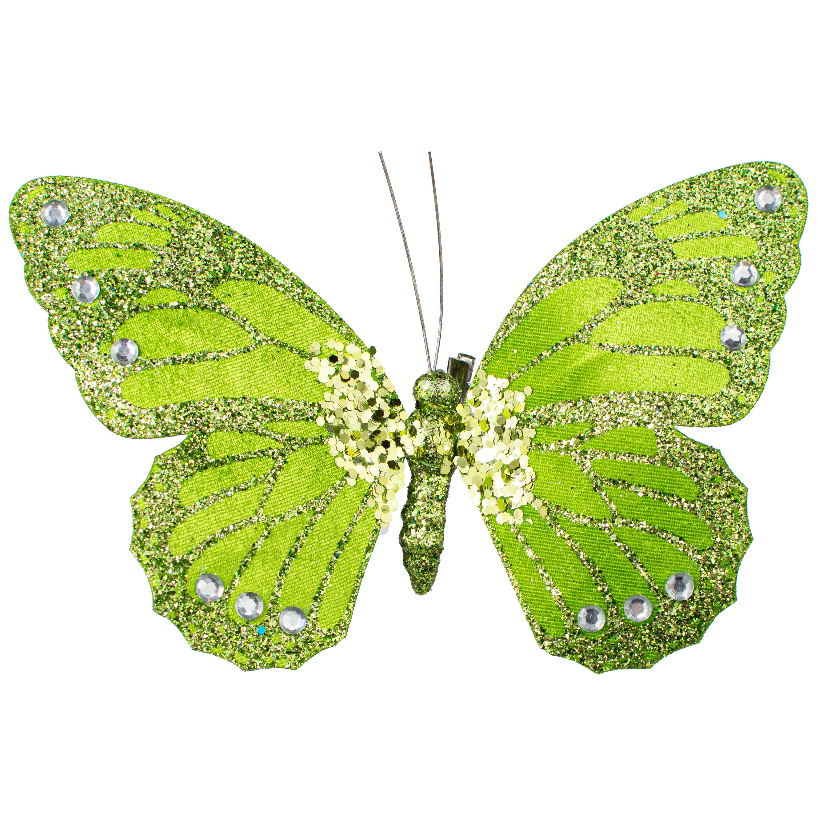 9" Velvet, Glitter, Gem Butterfly Ornament: Lime Green