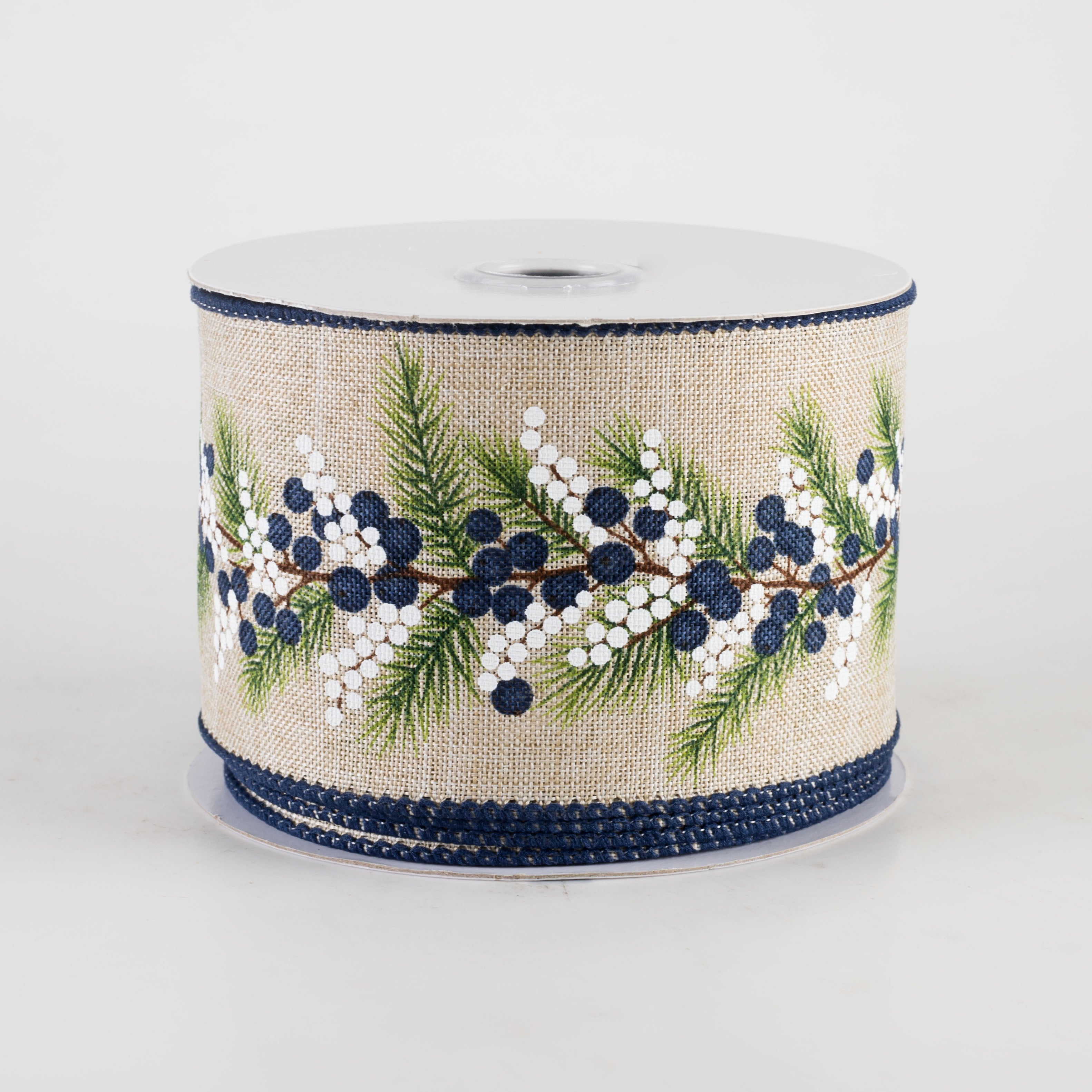 2.5" Berries and Pine Ribbon: Blue & White on Natural (10 Yards)