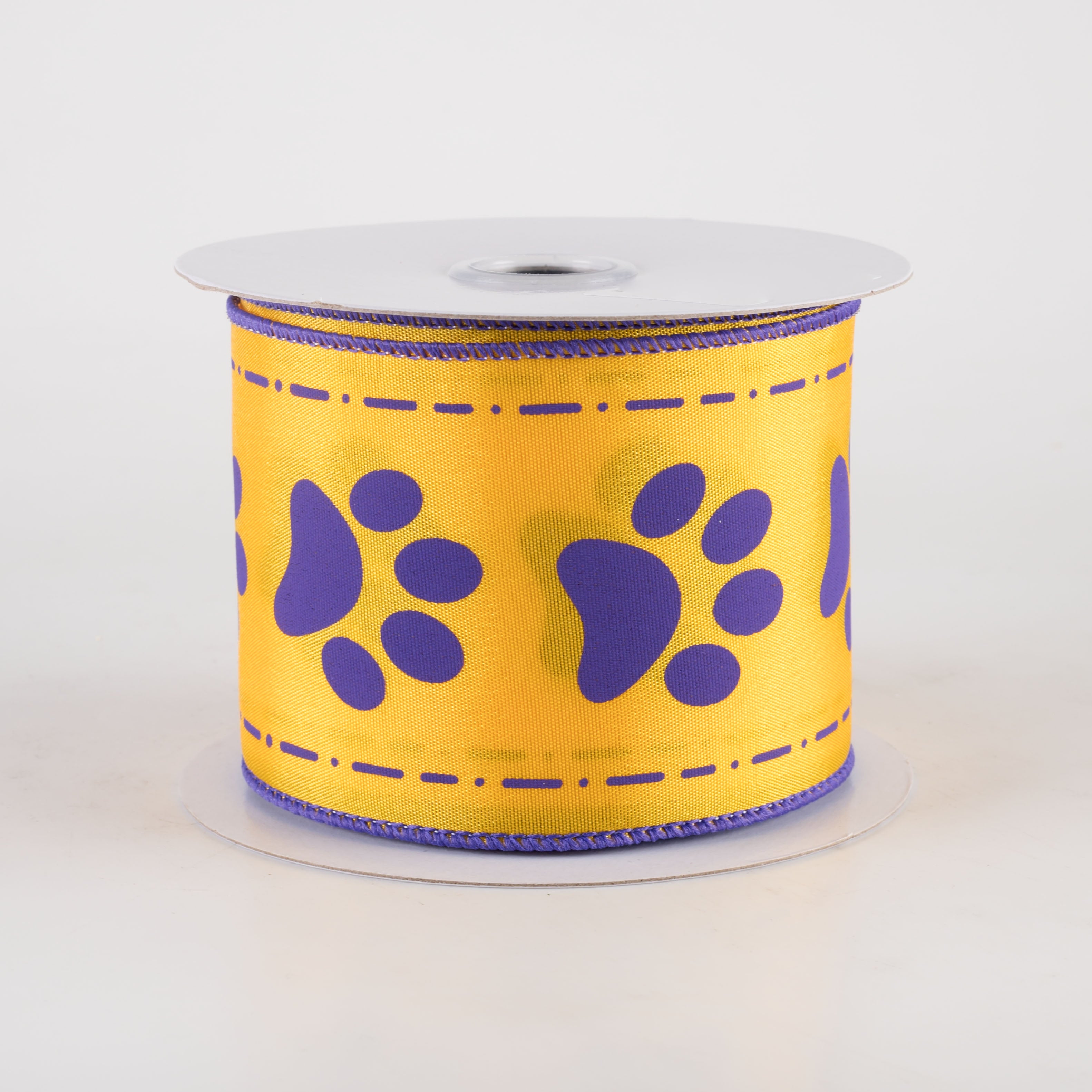 2.5" Bordered Paw Prints Ribbon: Purple & Golden Yellow (10 Yards)