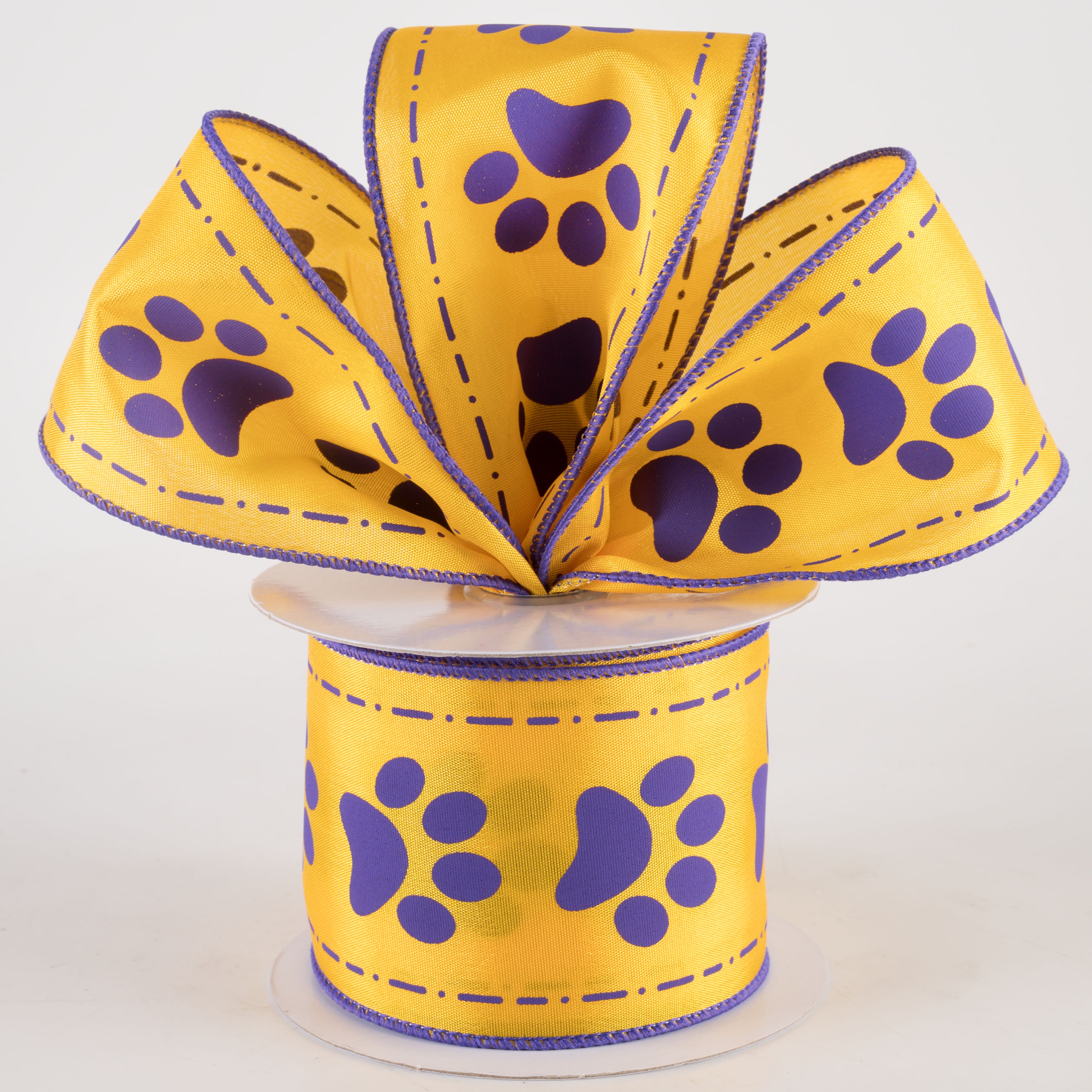 2.5" Bordered Paw Prints Ribbon: Purple & Golden Yellow (10 Yards)