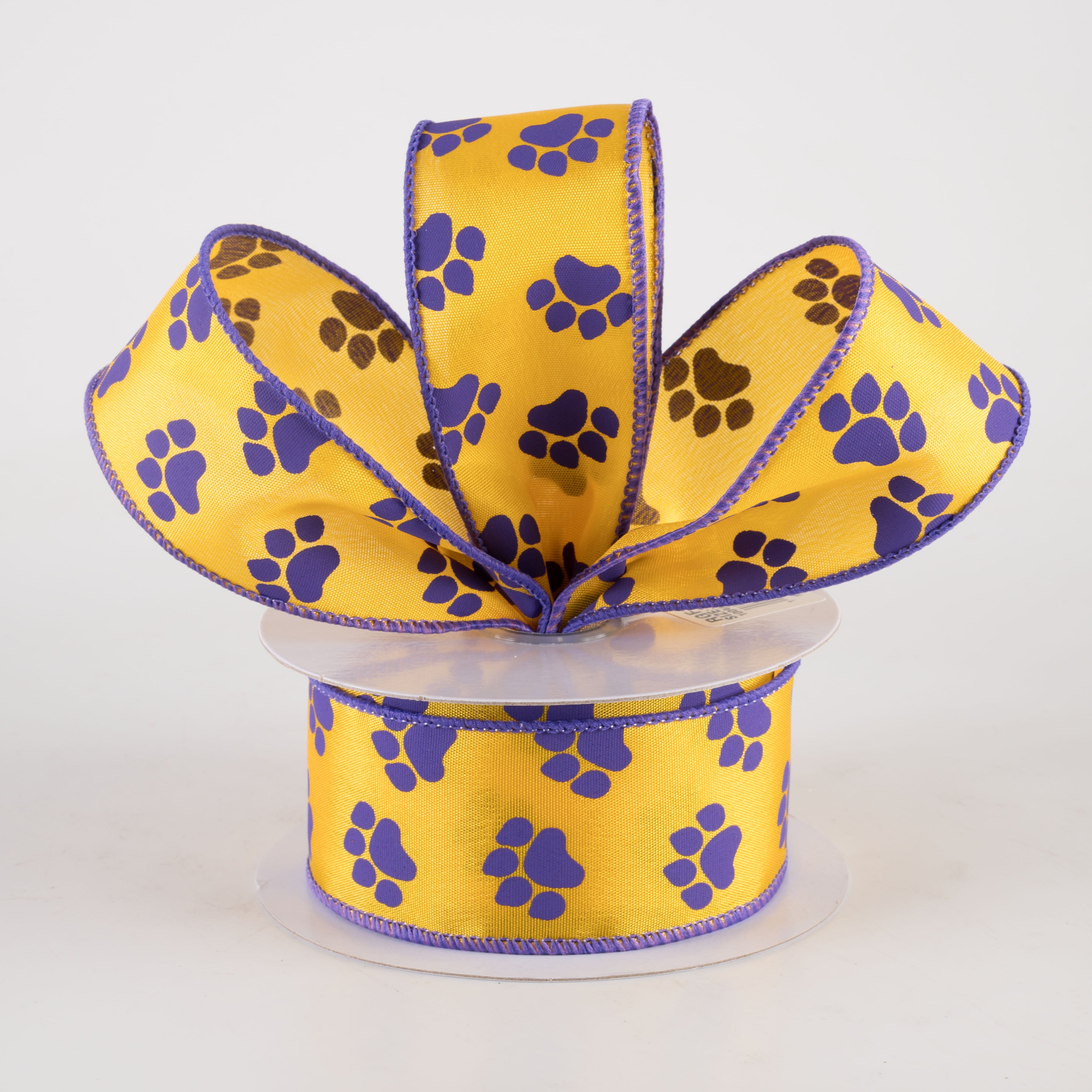 1.5" Paw Prints Ribbon: Purple & Golden Yellow (10 Yards)
