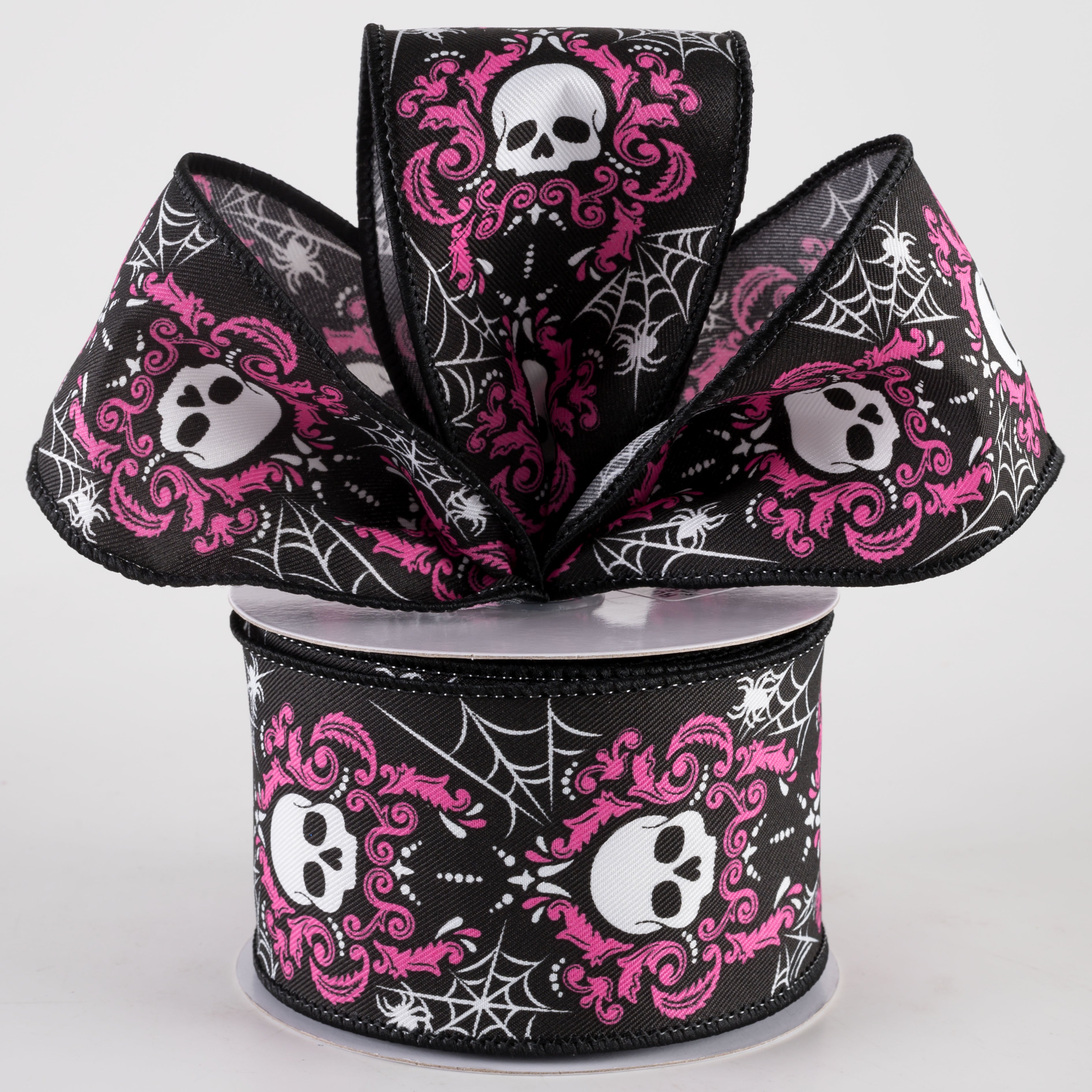 2.5" Damask Skull Ribbon: Black & Hot Pink (10 Yards)