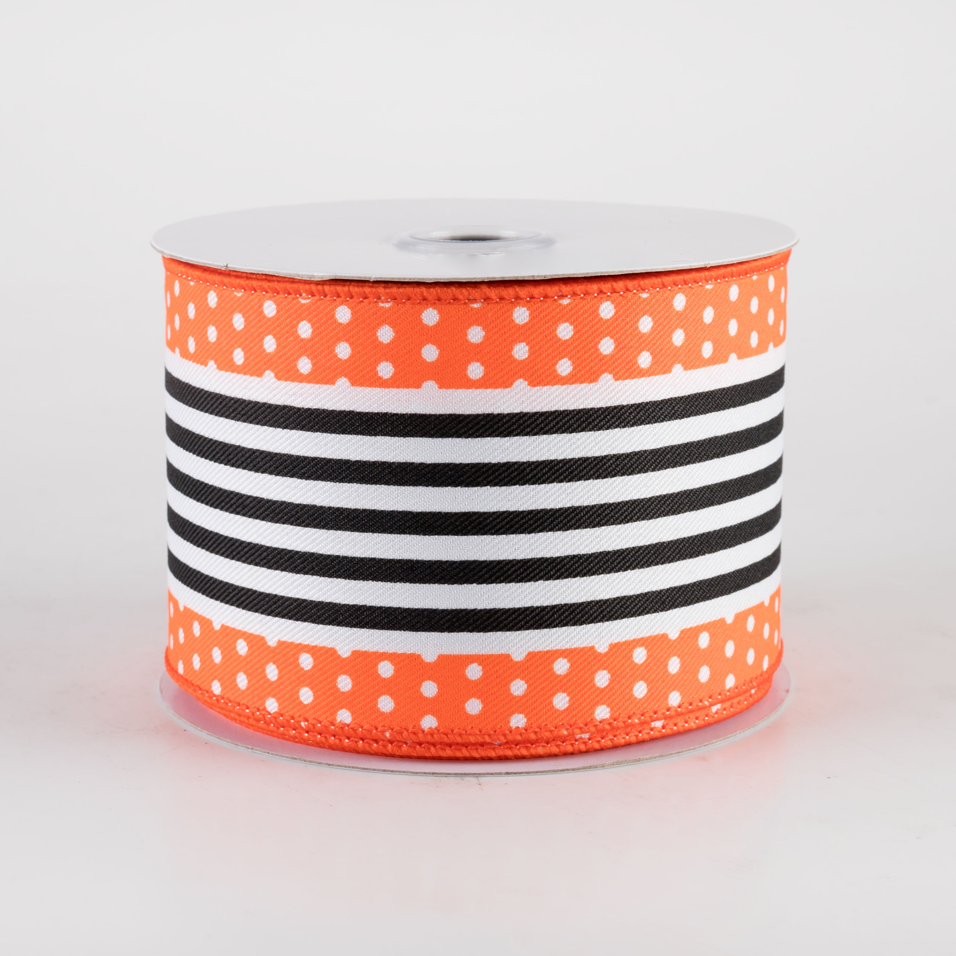 2.5" Vertical Stripe Dot Edge Ribbon: Orange, White & Black (10 Yards)