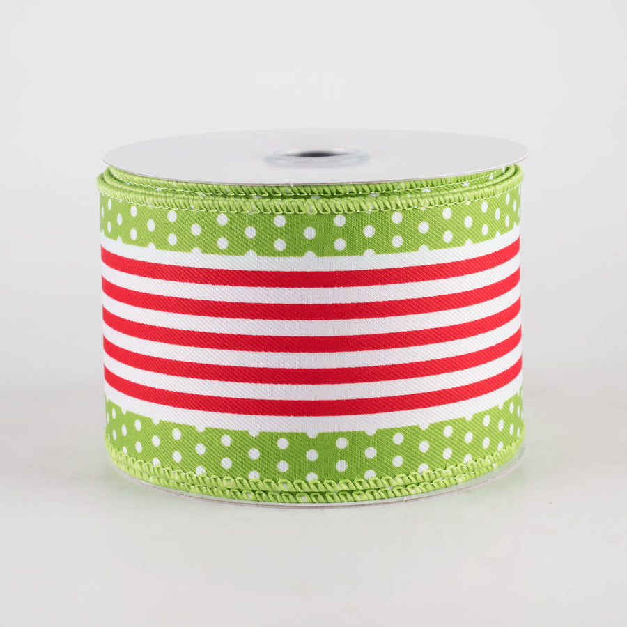 2.5" Vertical Stripe Dot Edge Ribbon: Lime Green, White & Red (10 Yards)