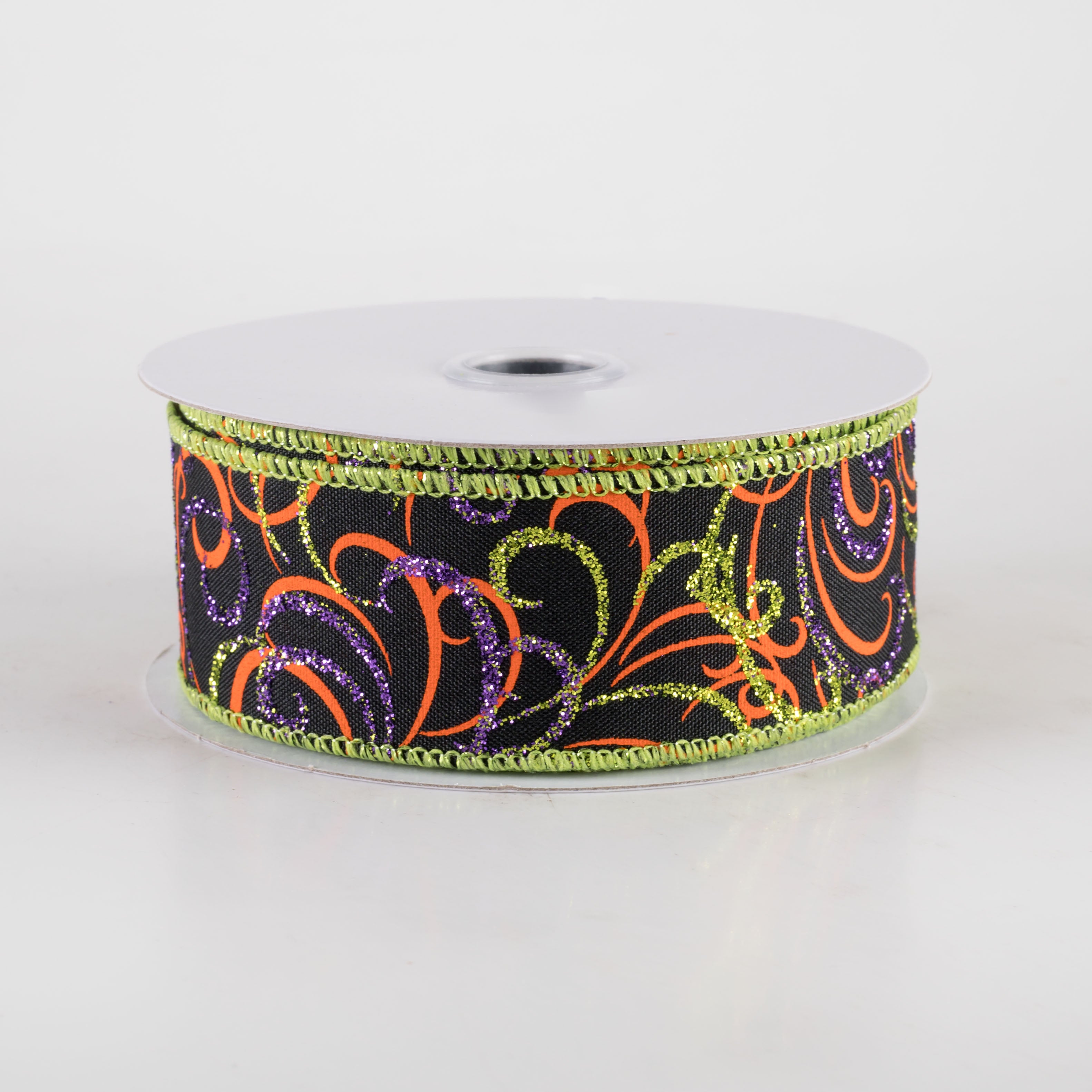 1.5" Glittered Multi Swirls Ribbon: Black, Orange, Purple, Lime (10 Yards)