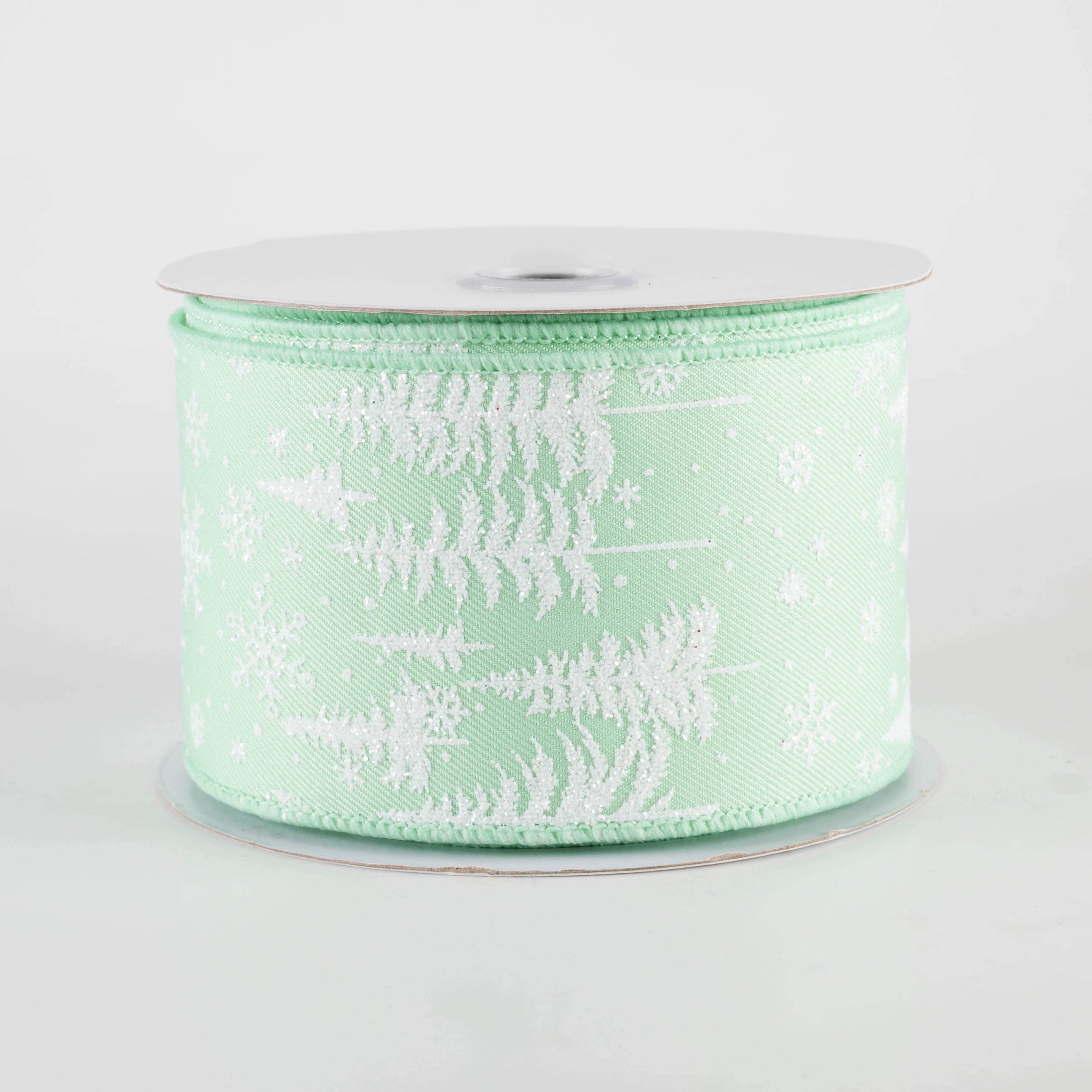 2.5" Glittered Pine Trees & Snowflakes Ribbon: Mint Green (10 Yards)