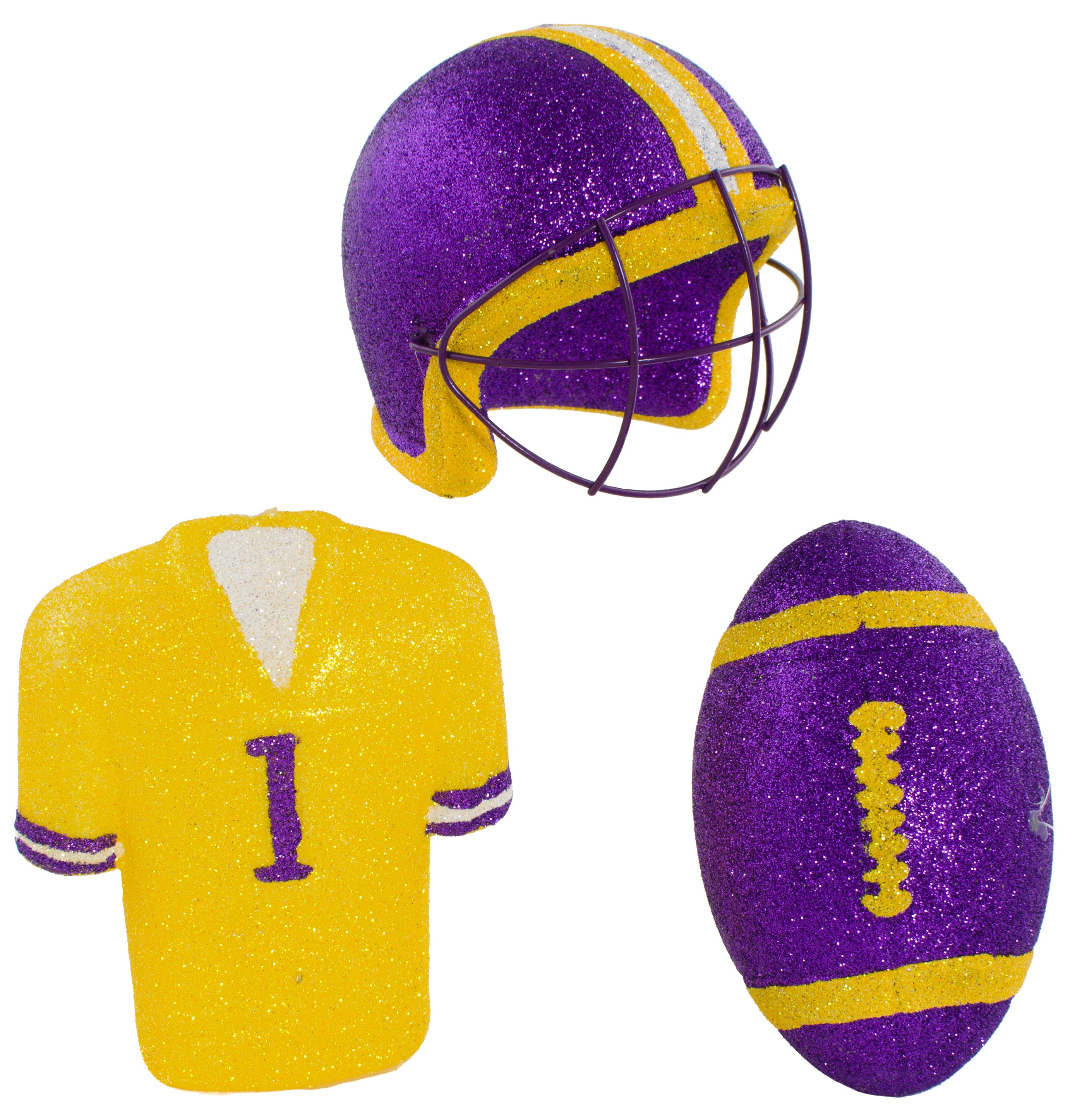 Glitter Football Ornament Assortment: Gold & Purple (Set of 3)