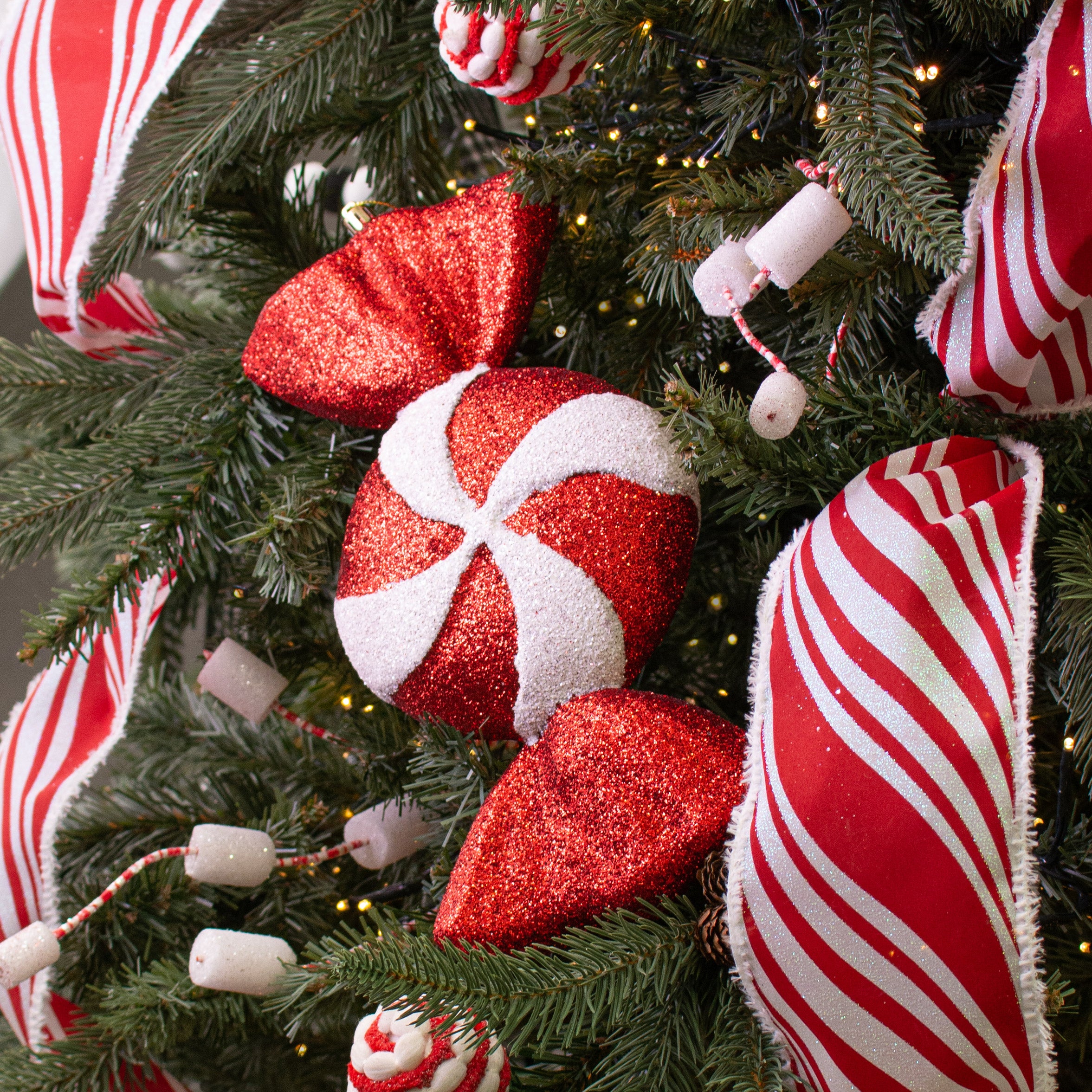 11" Glitter Peppermint Candy Ornament: Red