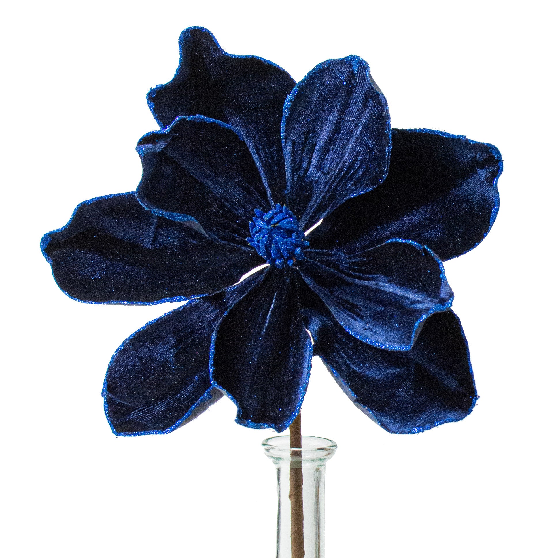 10" Velvet & Glitter Magnolia Spray: Navy Blue