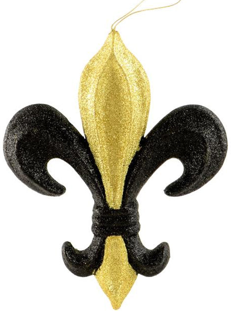 10" Fleur de Lis Ornament: Black & Gold Glitter
