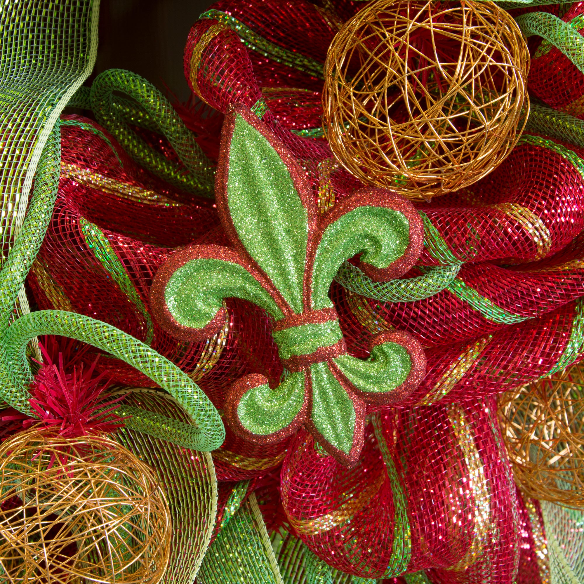 6" Fleur de Lis Ornament: Red & Green Glitter