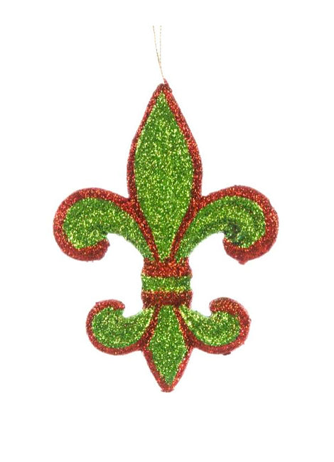 6" Fleur de Lis Ornament: Red & Green Glitter