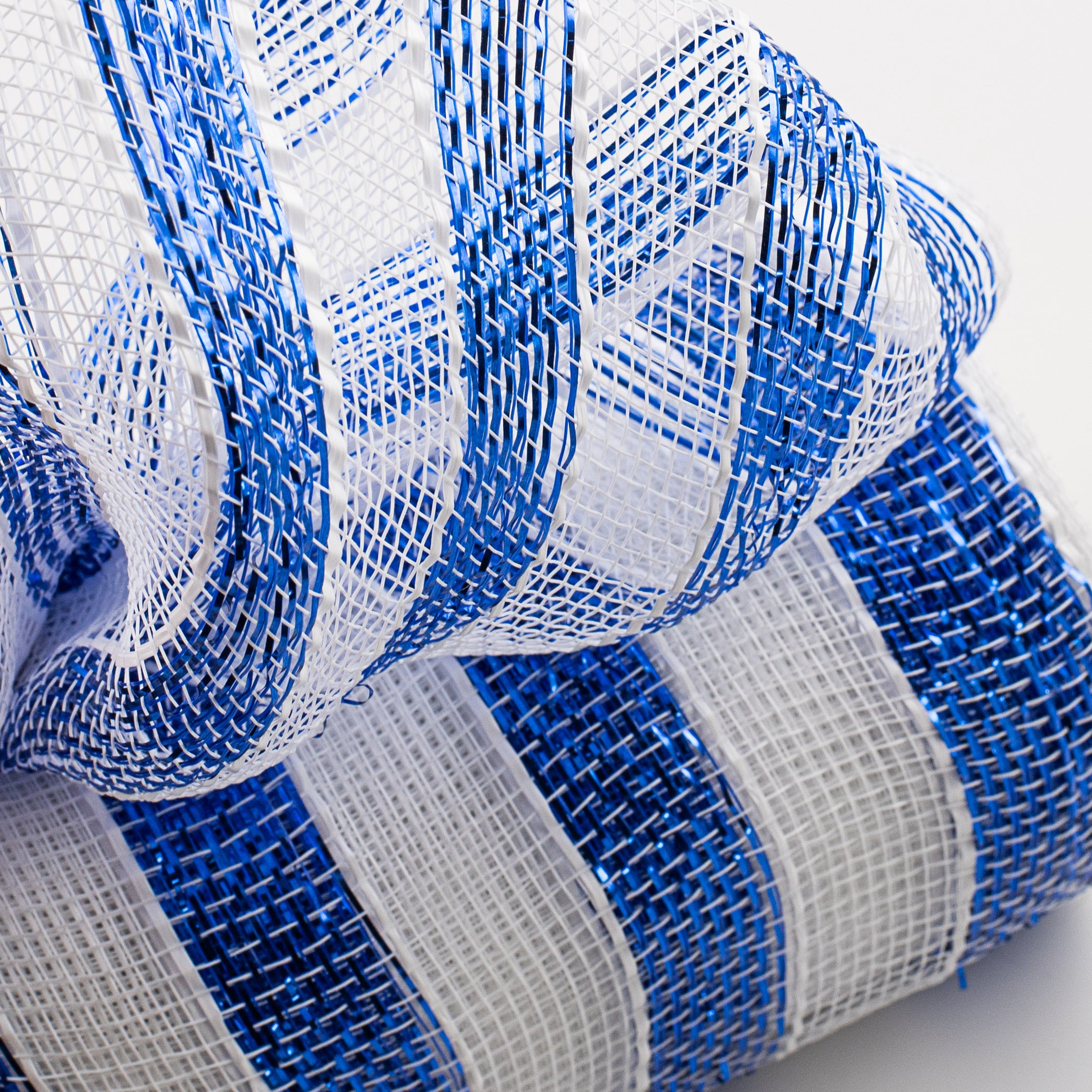 10" Poly Deco Mesh: Metallic White/Blue Stripe