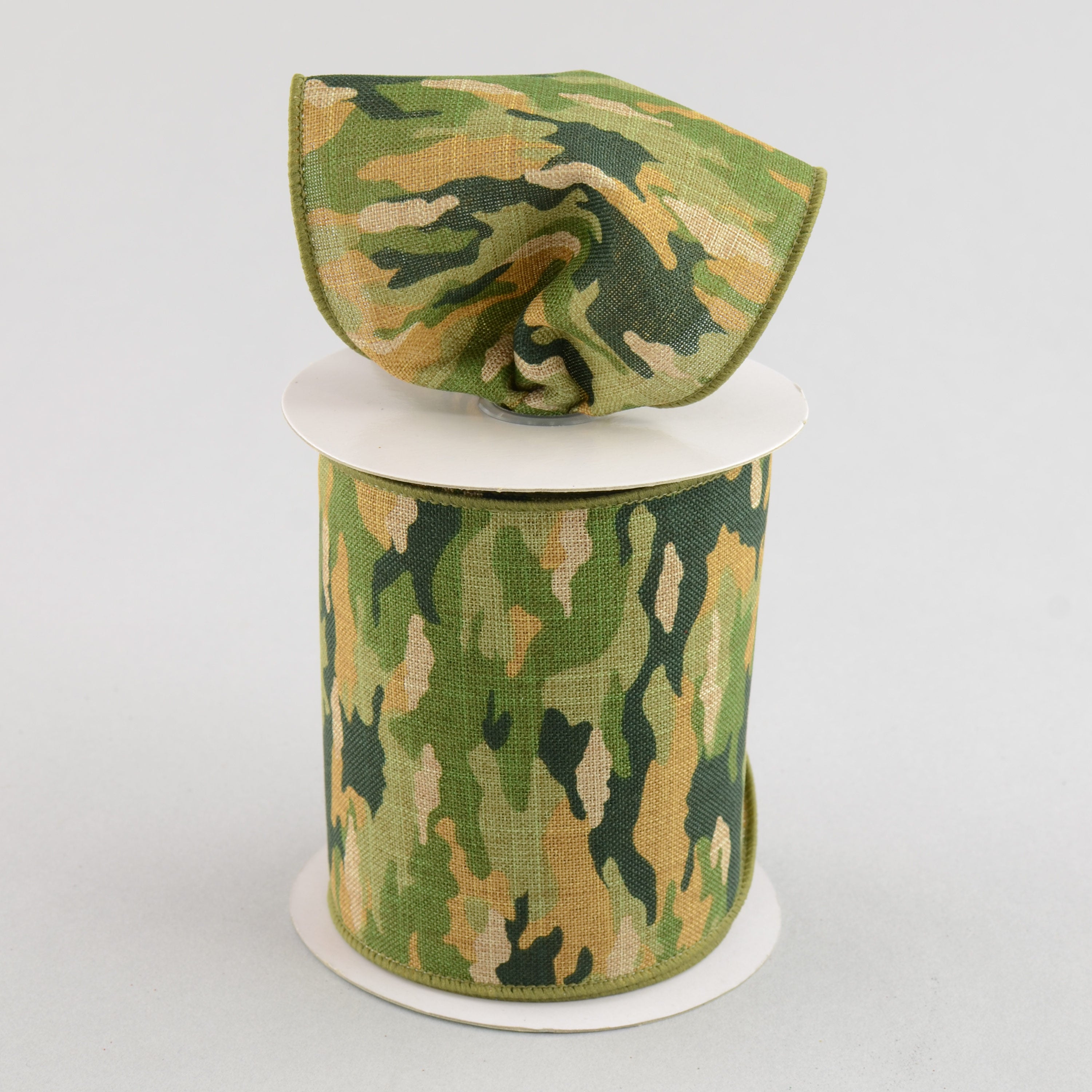 4" Camouflage Print Woven Ribbon: Woodland Green & Tan (10 Yards)