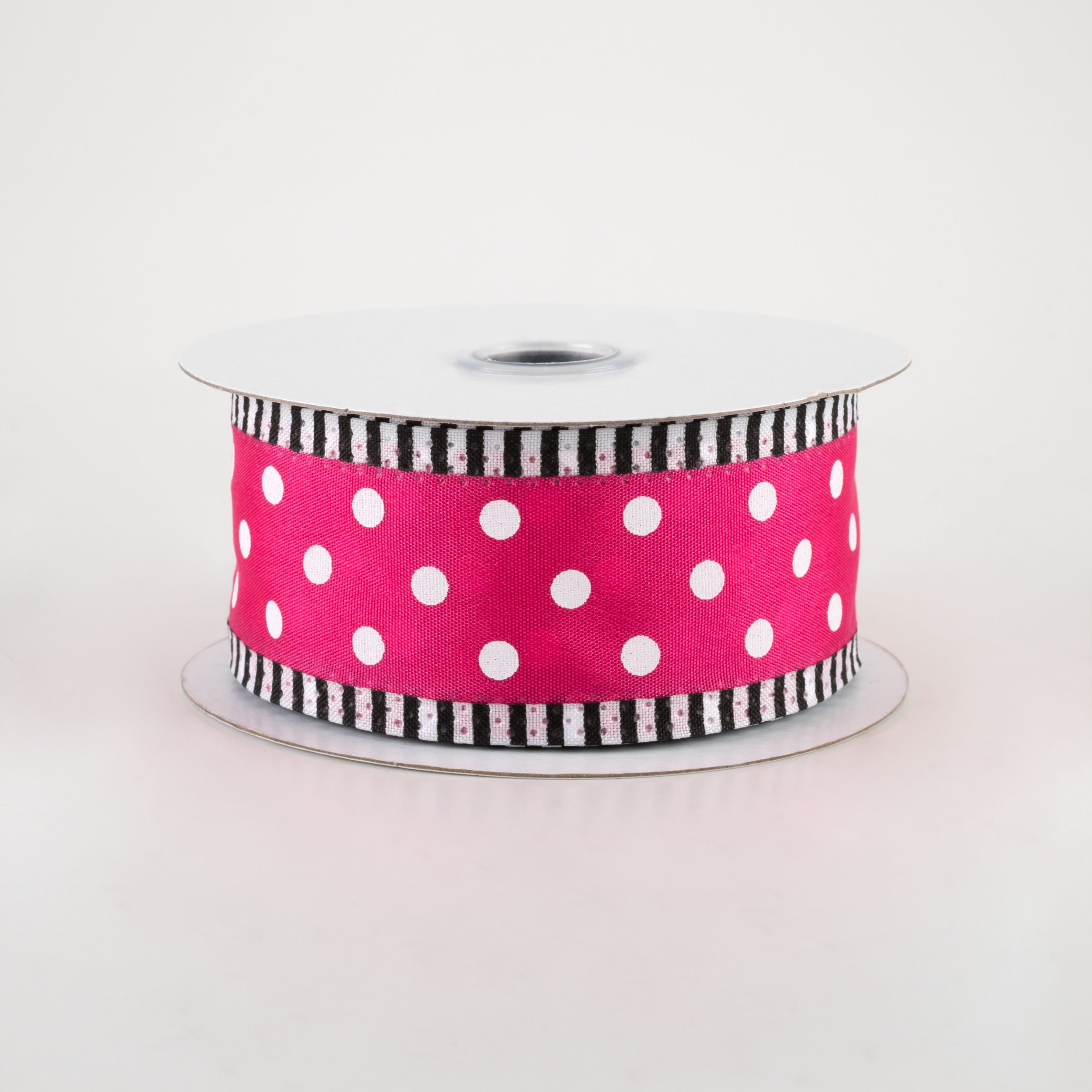 1.5" Thin Stripe Edge Polka Dot Ribbon: Hot Pink & White (10 Yards)