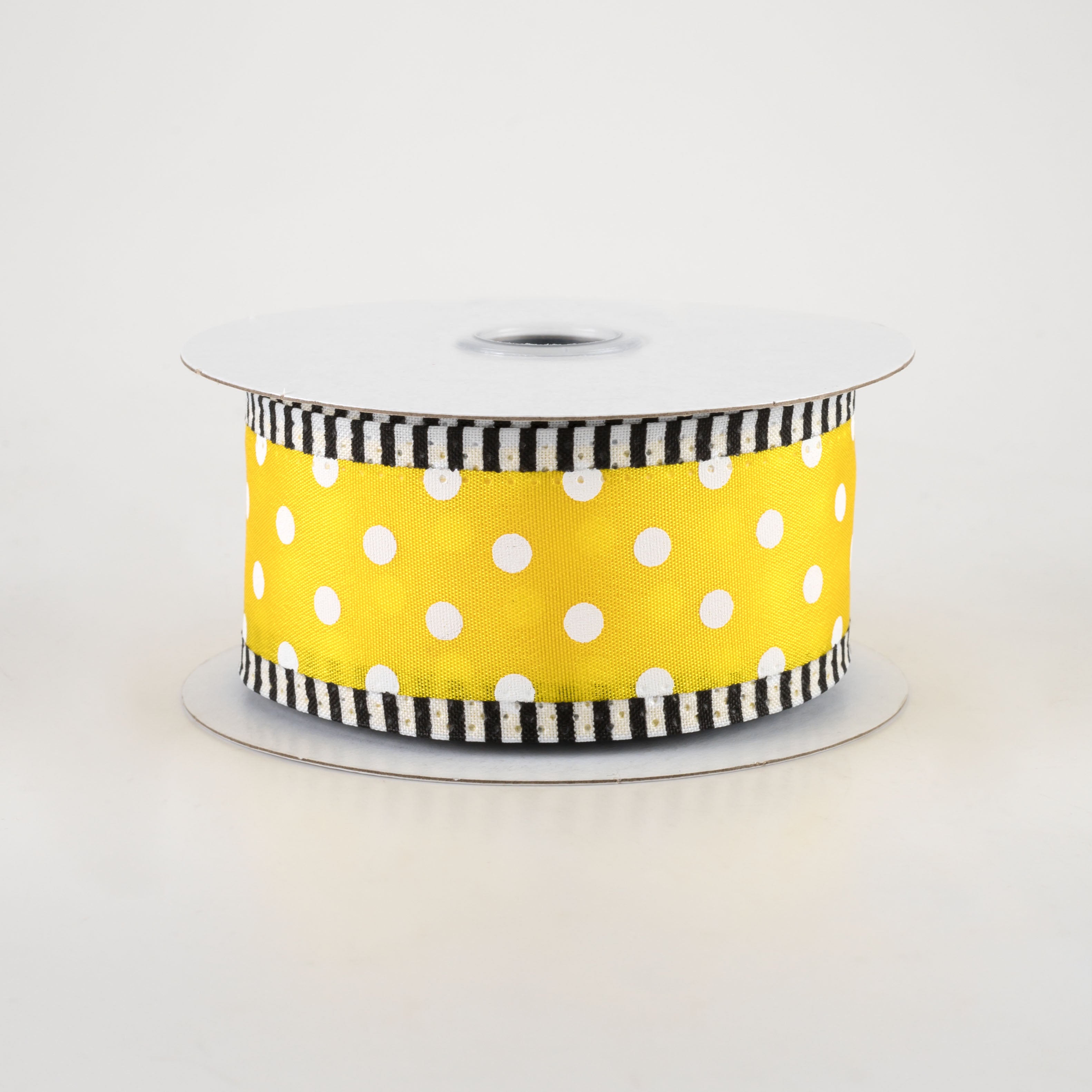 1.5" Thin Stripe Edge Polka Dot Ribbon: Yellow & White (10 Yards)