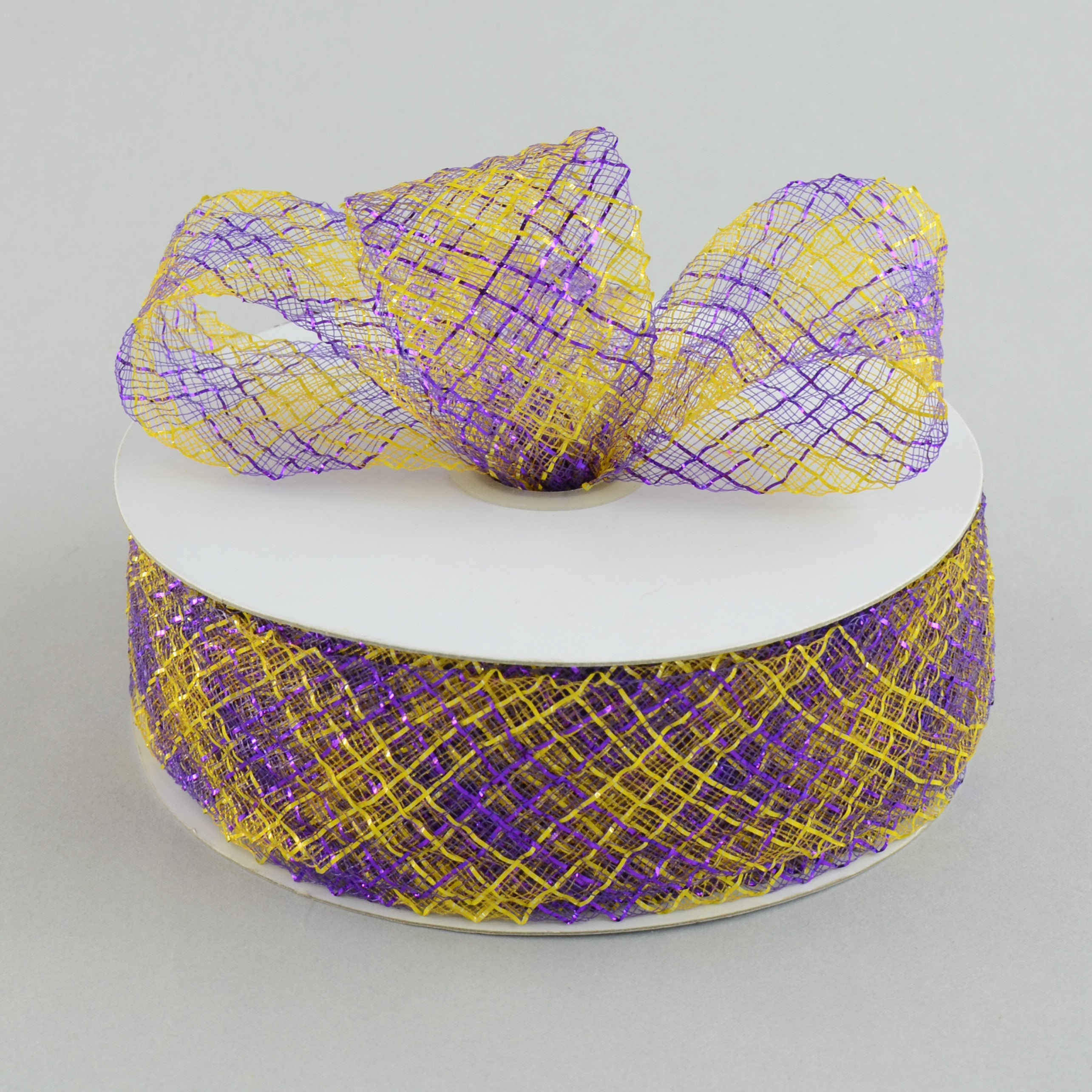 1.5" Deco Flex Mesh Ribbon: Purple/Gold Plaid (30 Yards)