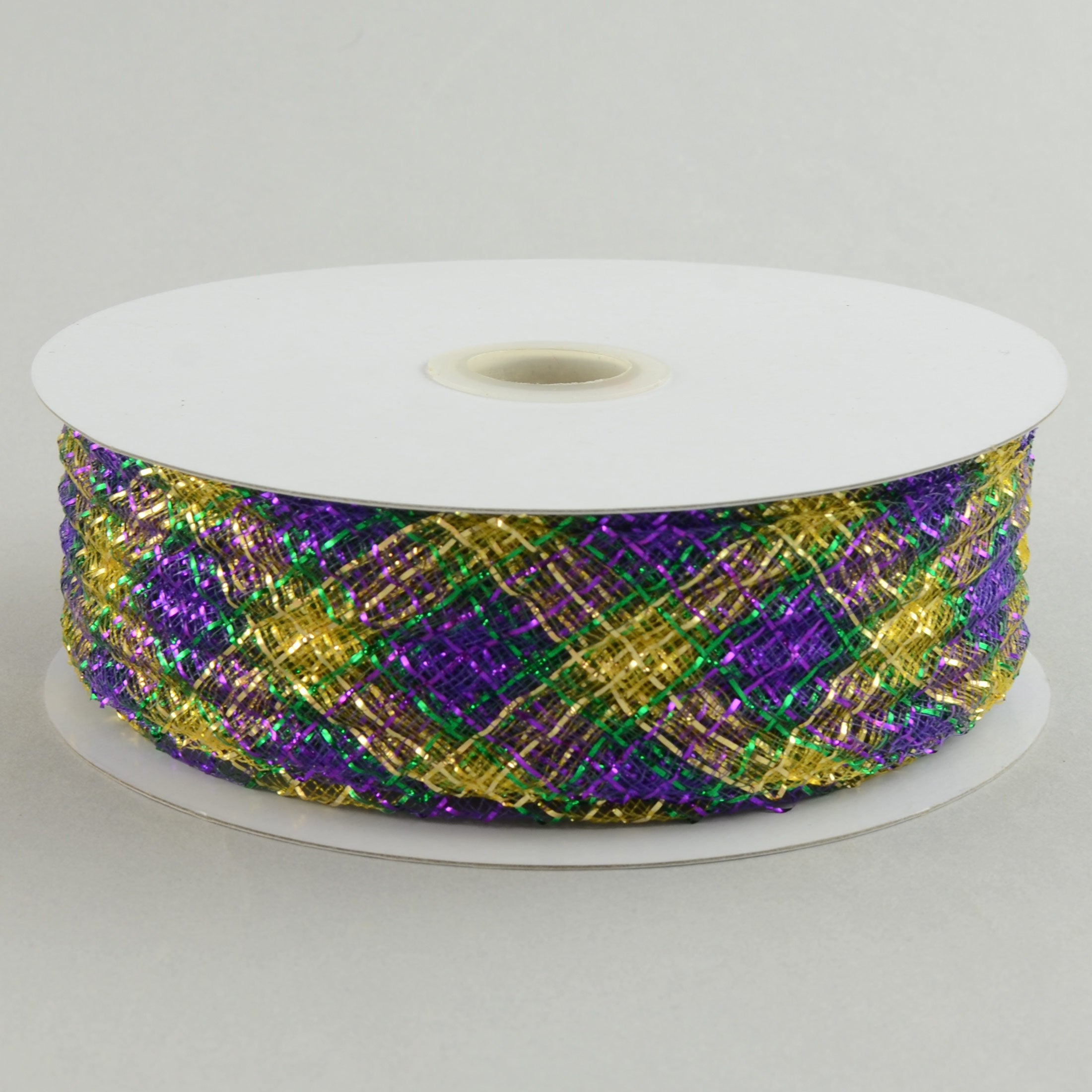 1.5" Deco Flex Mesh Ribbon: Purple/Green/Gold Plaid (30 Yards)