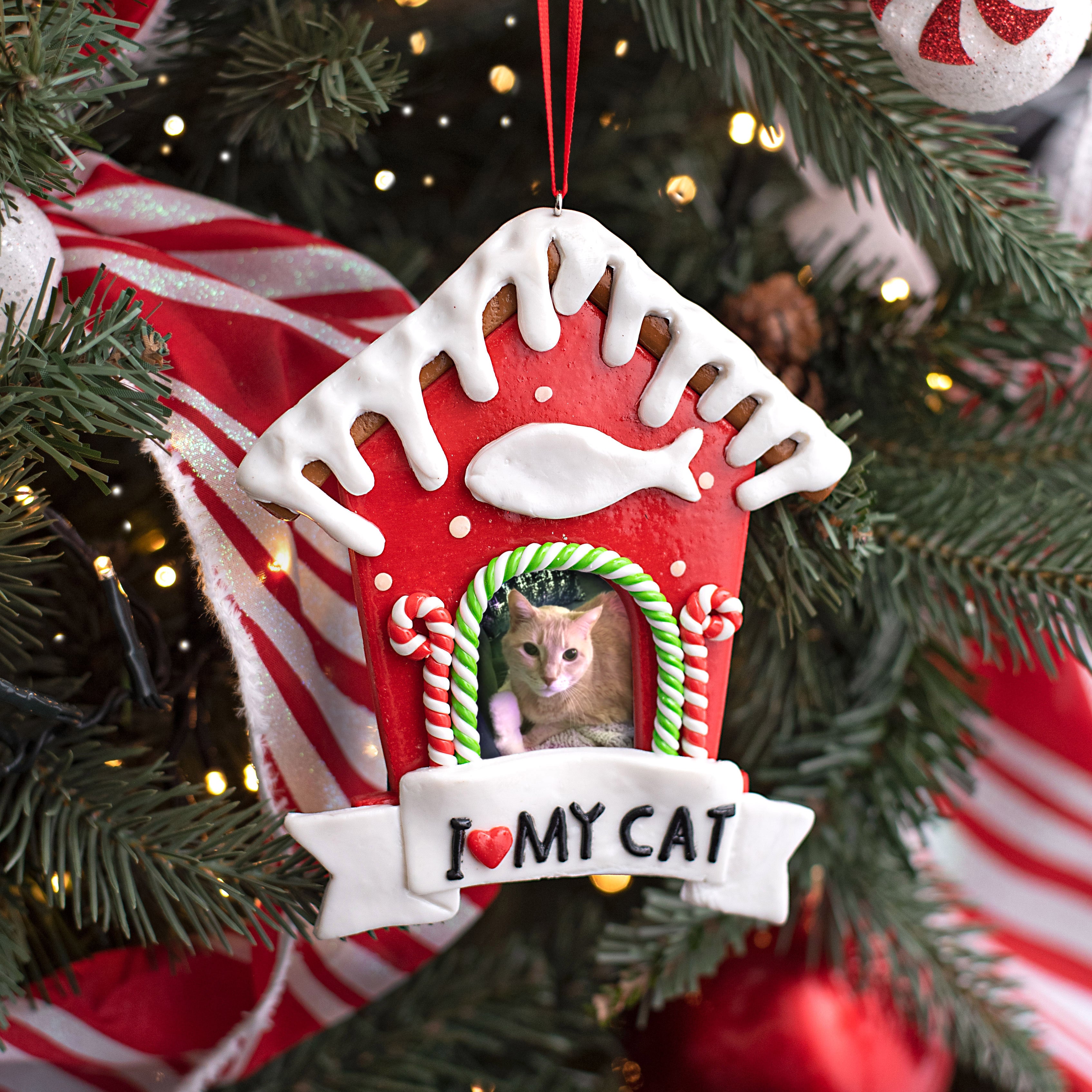 5.5" Gingerbread Cat House Photo Ornament