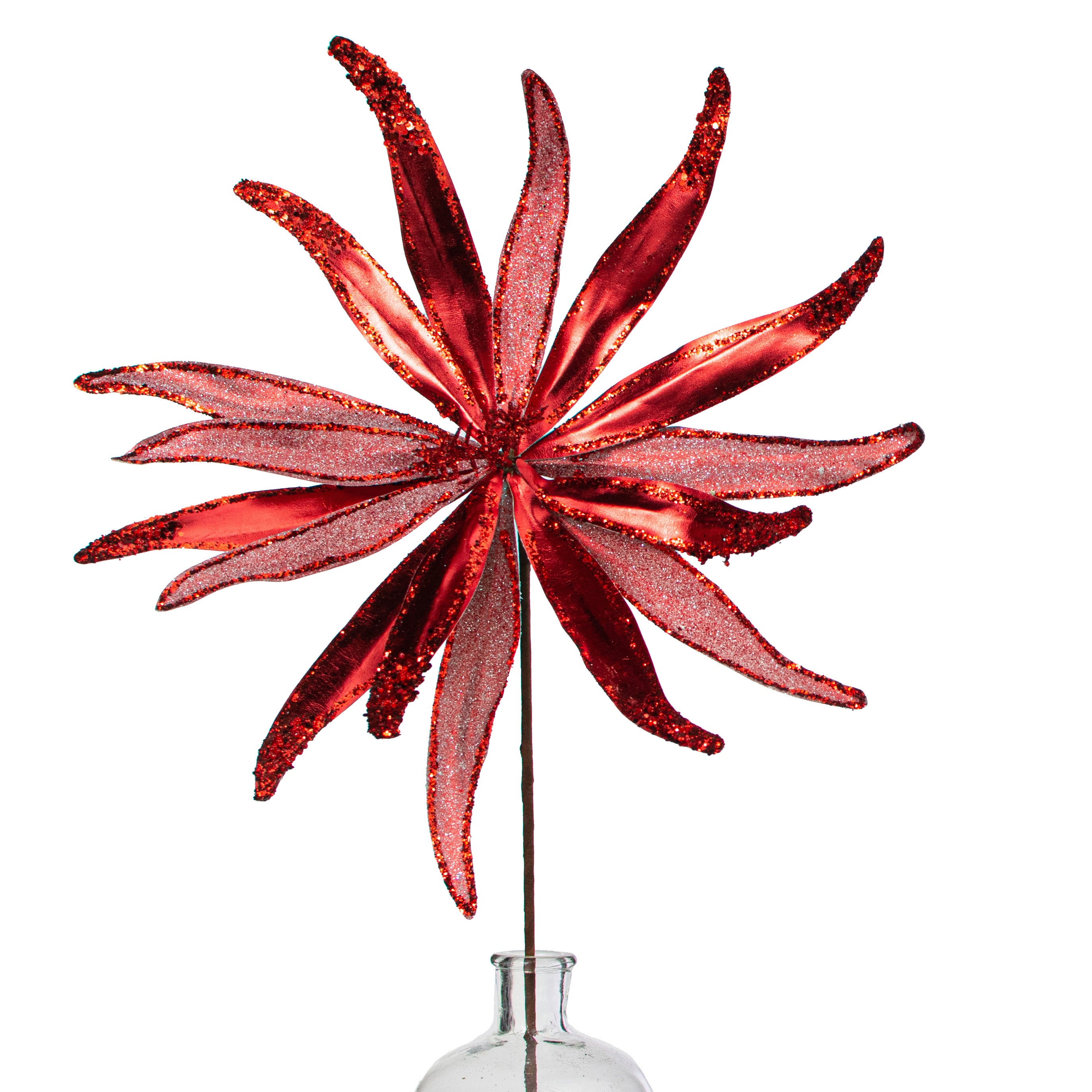 19" Metallic & Glitter Bead Flower Stem: Red